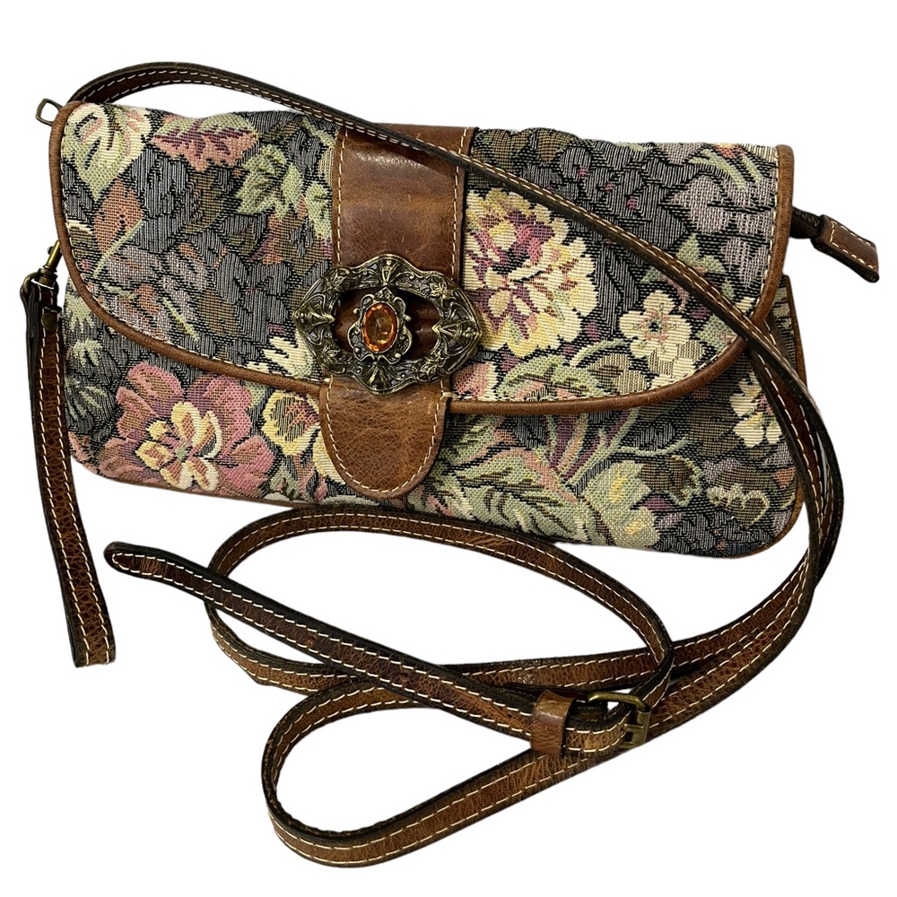 Patricia Nash Floral Tapestry Jewel Leather Crossbody Clutch